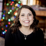 vertical shot white female smiling front festive cheerful